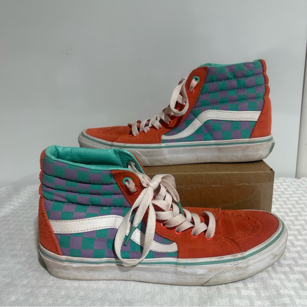 Vans Sk8-Hi Suede ORANGE WITH MULTICOLOR CHECK High Top Sneakers W 8.5/M7 721454